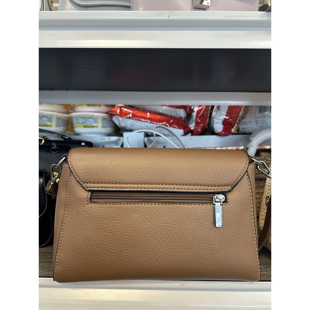 Brown Pebbled Medium Crossbody Bag Silver Zip Closure, Detachable Strap